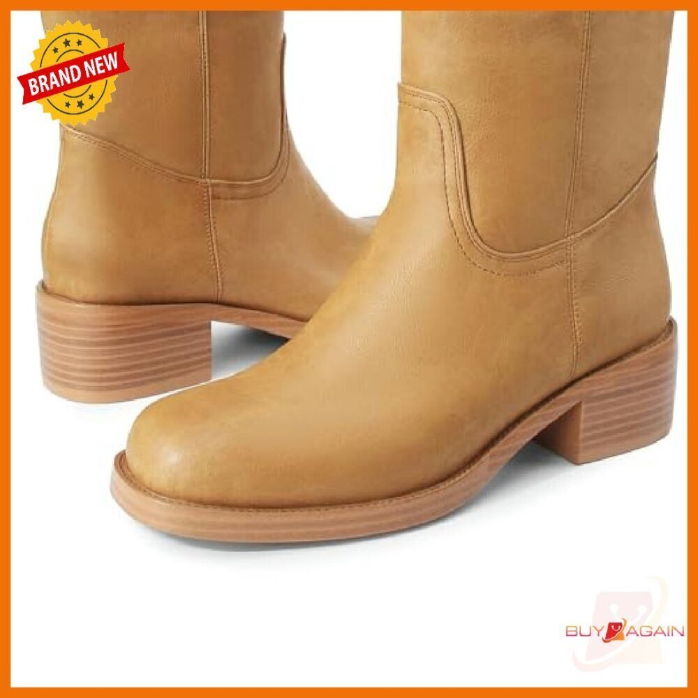 Knee High Boots Square Toe Chunky Heel Pull On Wide Calf Riding Boots - Picture 5 of 8